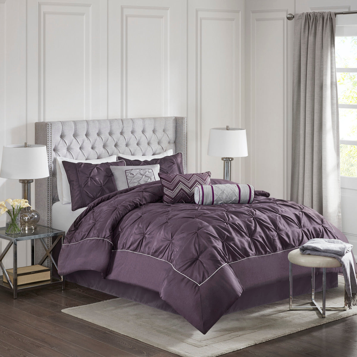 7 Piece Tufted Comforter Set with Elegant Detailing - Deep Plum