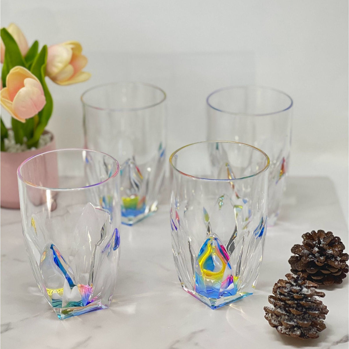 Rainbow Diamond Acrylic Glasses Drinking Set of 4 with Shatterproof Construction - Clear