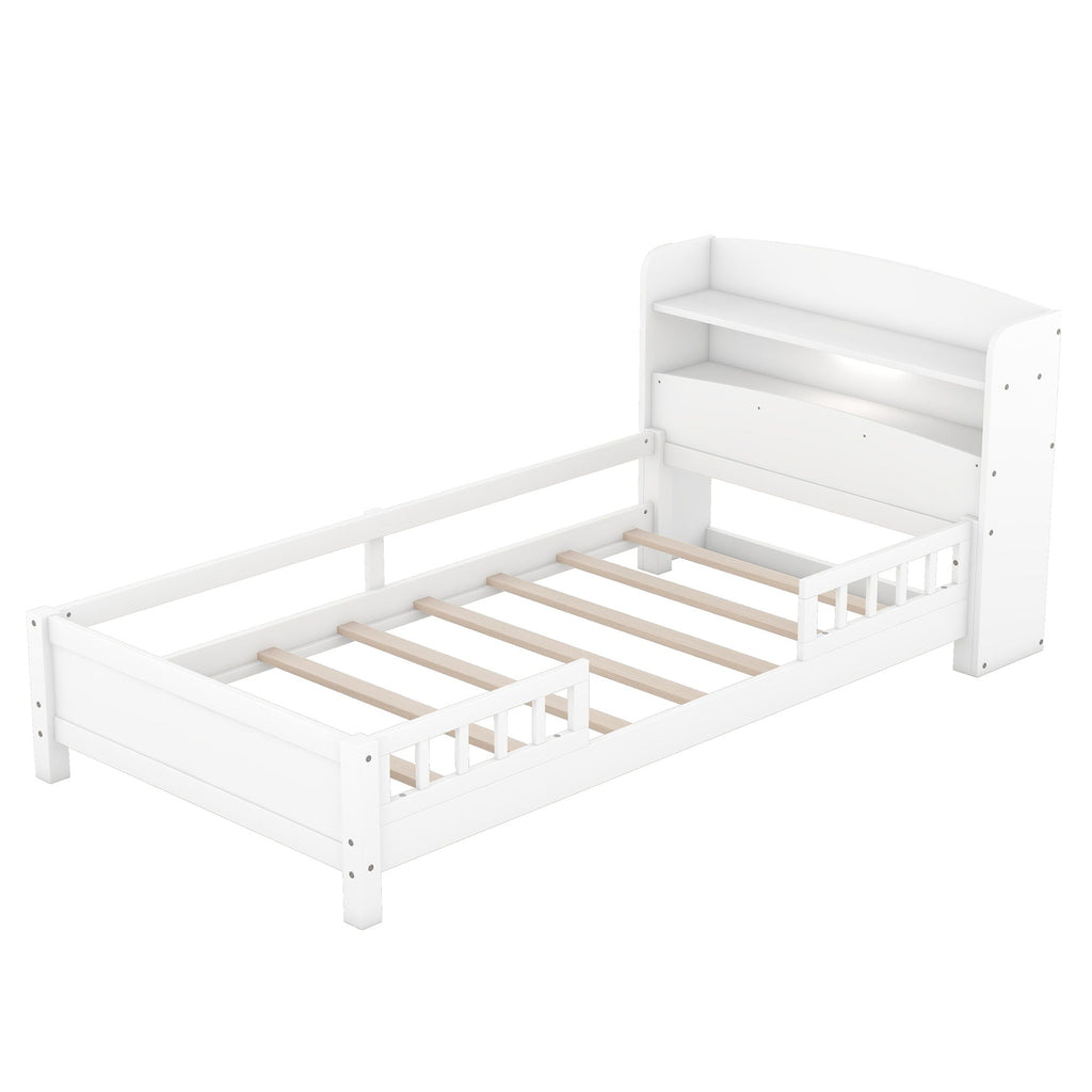Wood Platform Storage Bed with LED Light & Storage Headboard - White or Dark Gray