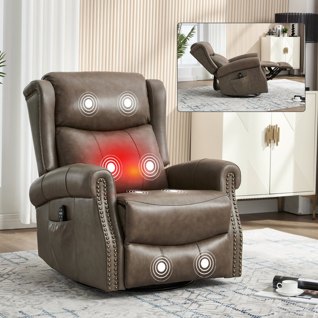 Genuine Leather Heat Massage Manual Recliner Chair with Swivel - Brown+Gray, Blue, Yellow, Red