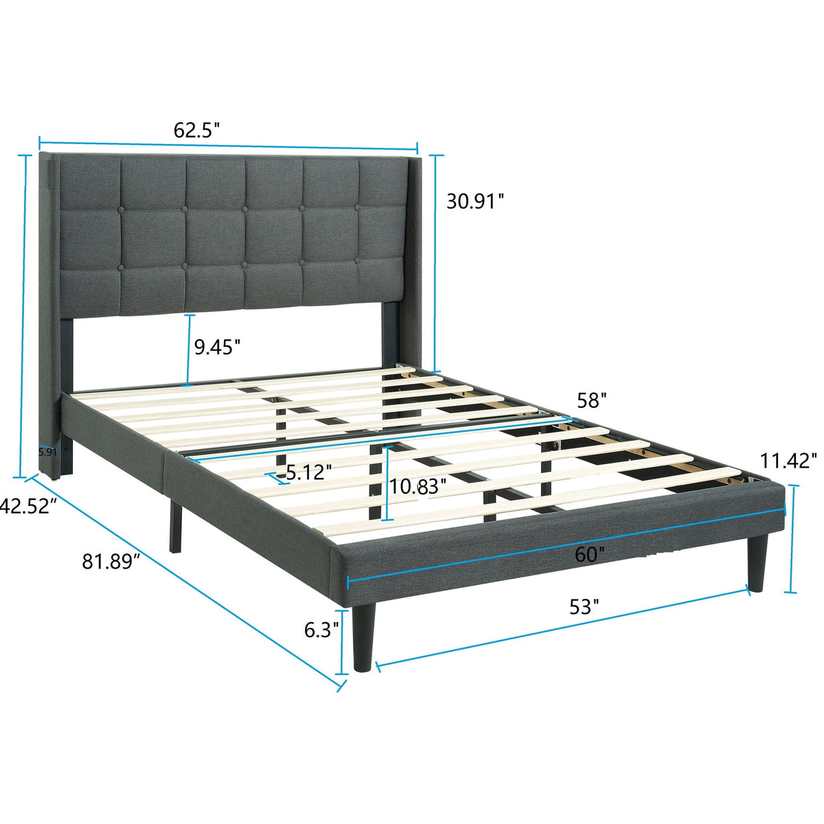 Queen Size Upholstered Platform Bed Frame with Button Tufted Linen Headboard - Dark Gray