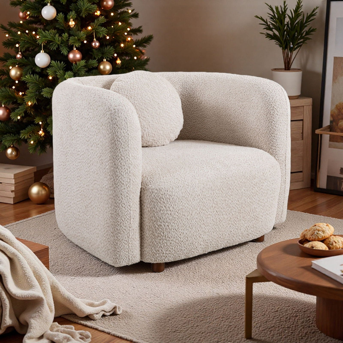 Japandi Style Accent Square Chair with Solid Wood Legs - Beige or White