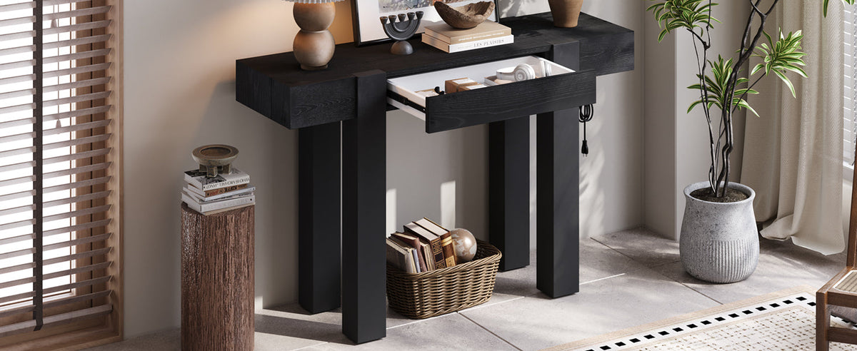 Rustic Minimalist Console Table with Hidden Drawer and Power Outlet - Brown