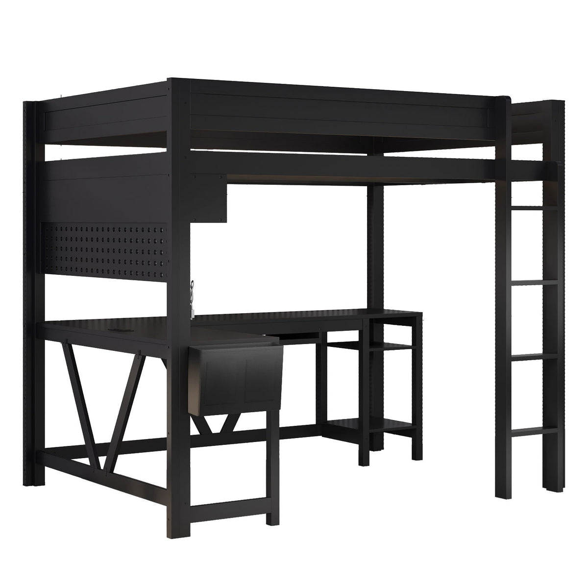 Gaming Loft Bed With Desk, Storage Shelves, LED and Charging Station - Full