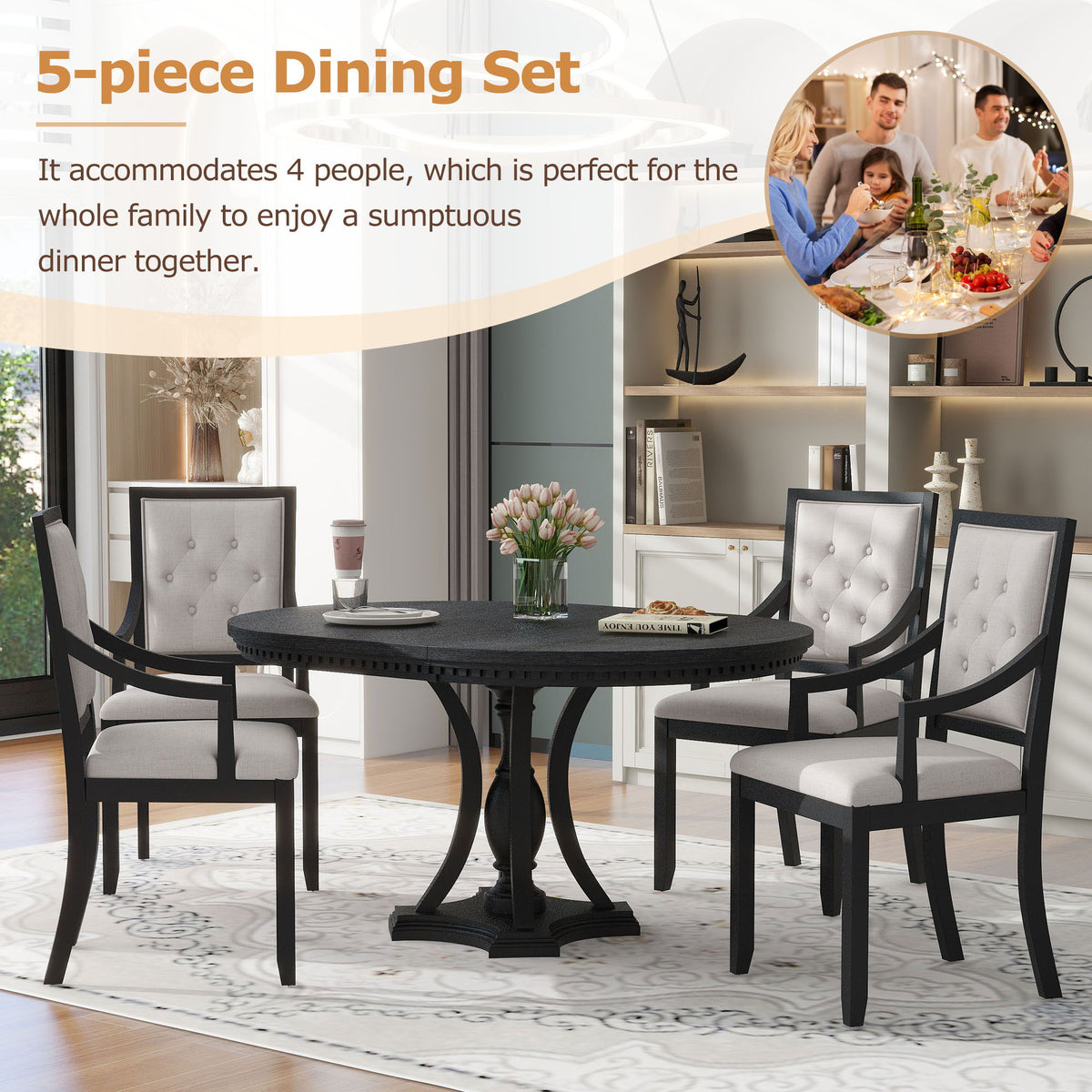 Extendable 5 Piece Dining Set with Cushioned Chairs - Black/Oak