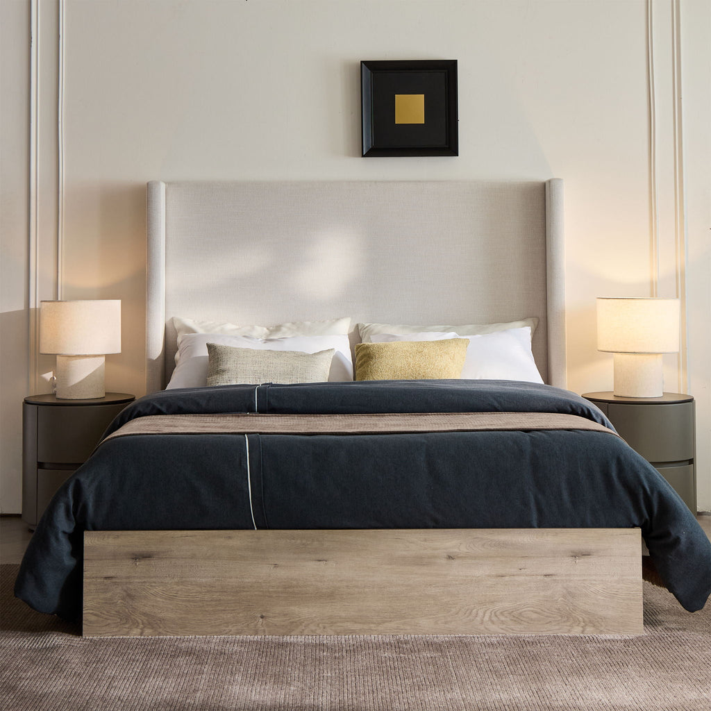 Queen Upholstered Wingback Bed with 54" High Headboard - Ivory / Light Gray / Camel Oak