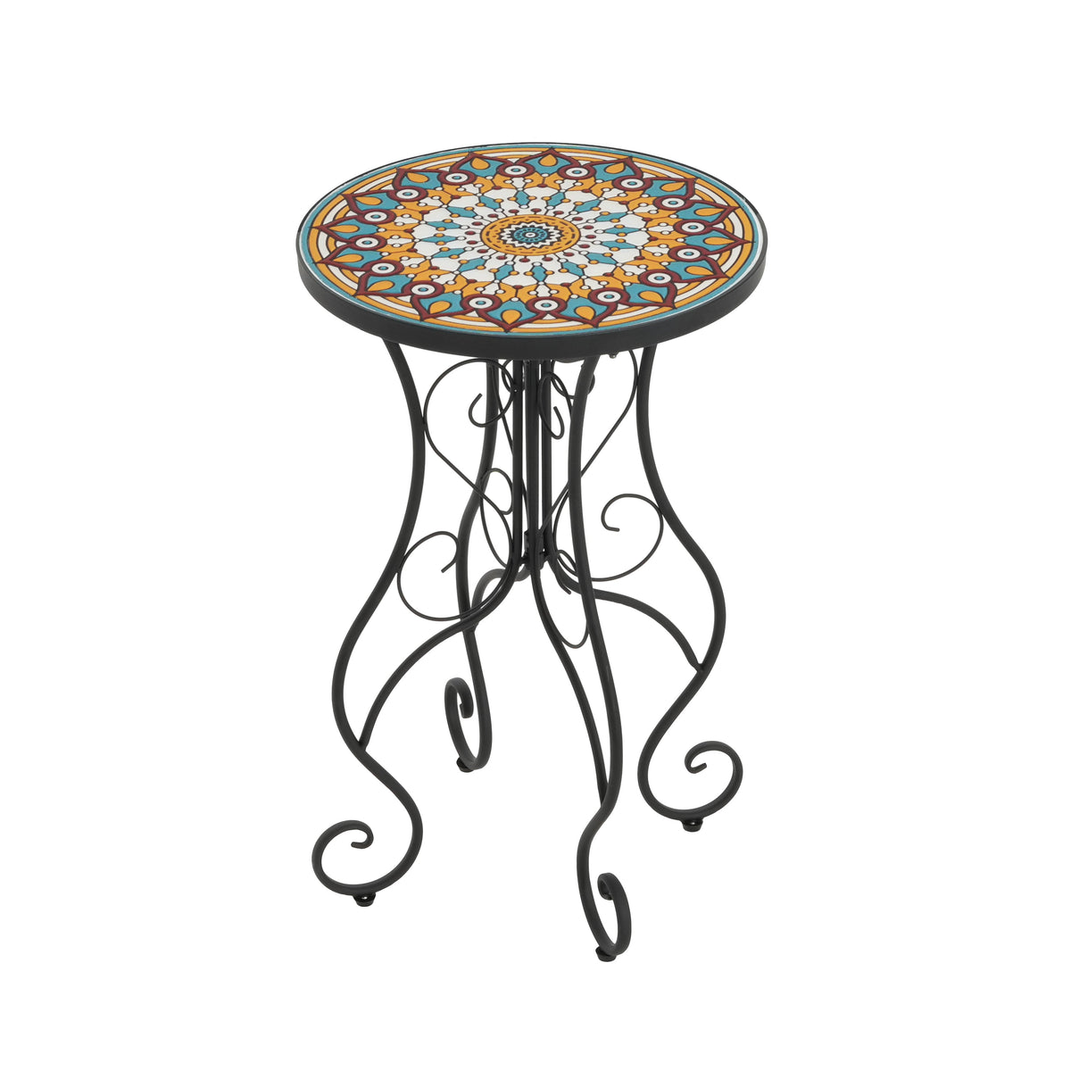 Round Ceramic Outdoor Side Table with Colorful Tile Top - Black