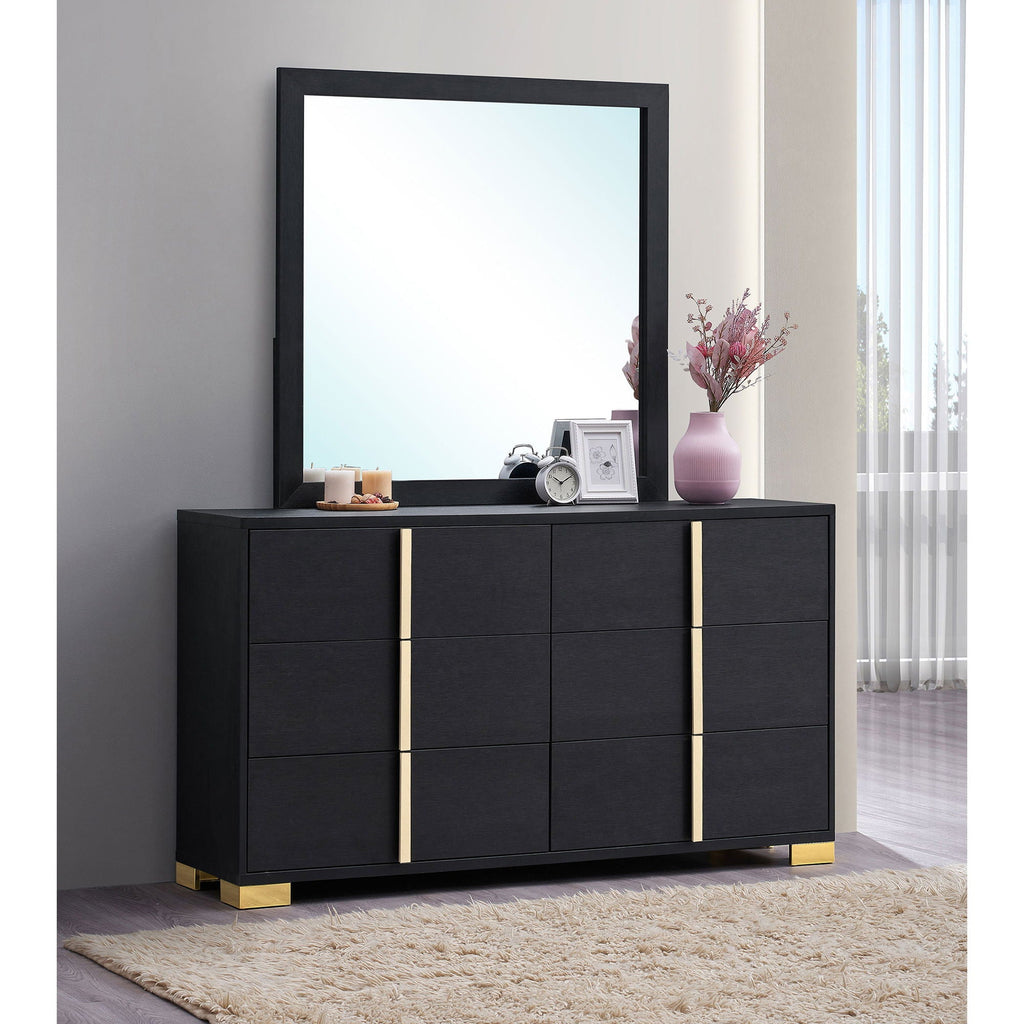 Black 6 Drawer Dresser & Mirror with Gold Accents