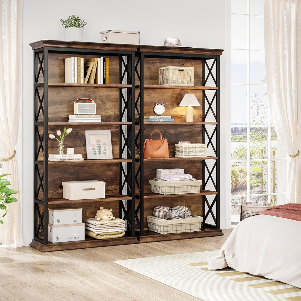6 Tier Industrial Bookcase with X Pattern Design - Rustic Brown