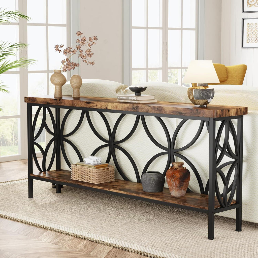 Extra Long Console Table with Open Storage Shelves - Dark Gray or Dark Brown
