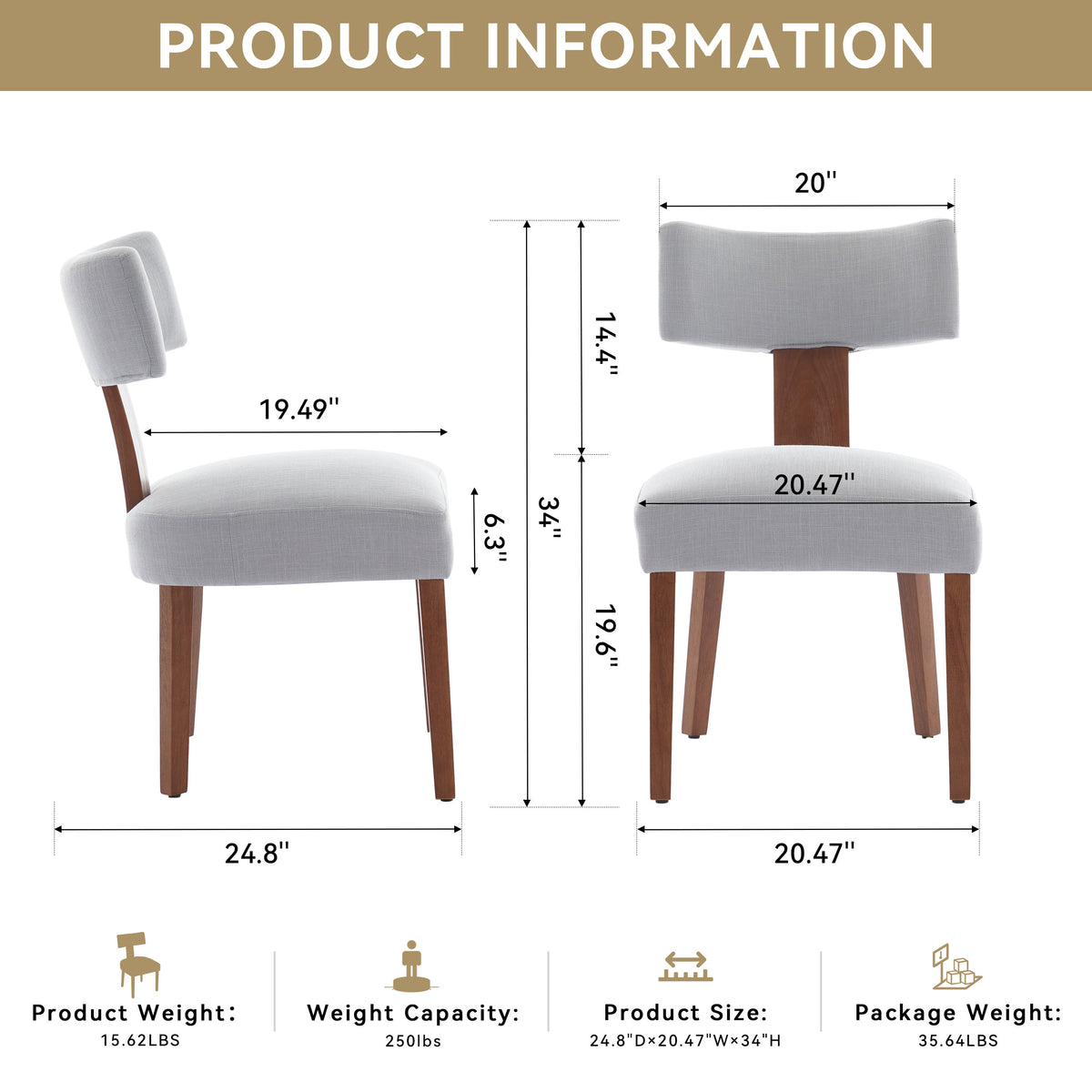 Set of 2 Dining Chairs with Linen Upholstery - Light Brown