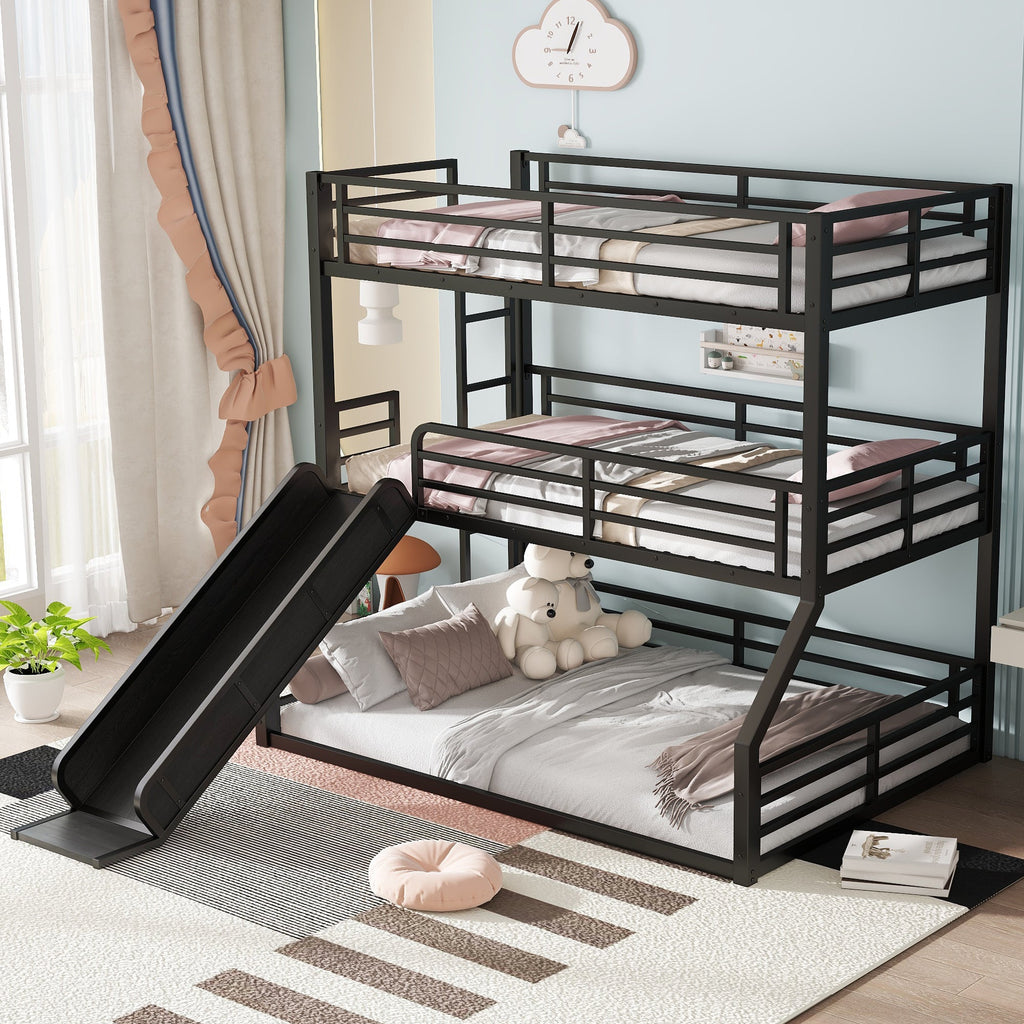 Twin Over Twin Over Full Bunk Bed with Slide - Metal Frame