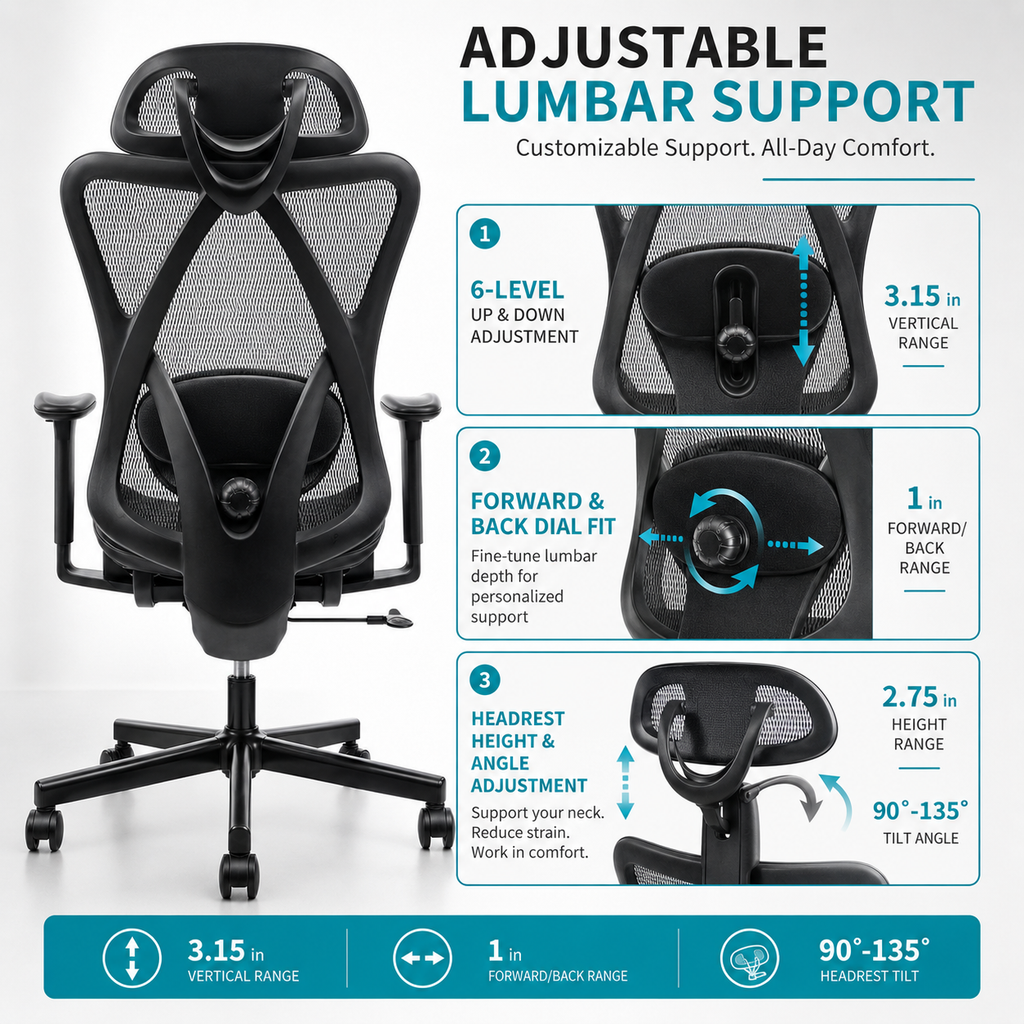Ergonomic Office Chair with Adjustable Lumbar Support - Mesh High Back