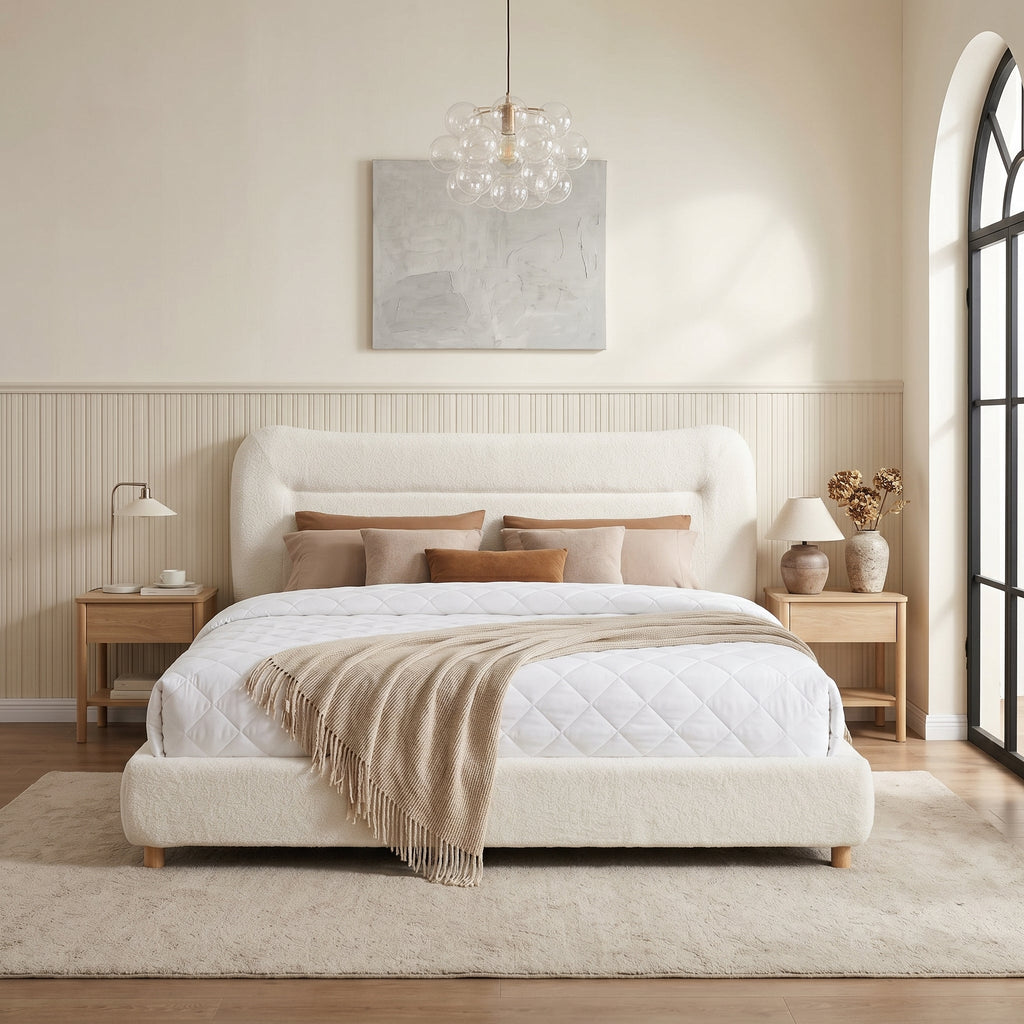 Minimalist Curved Headboard Plush Bed with High-Density Foam - Ivory
