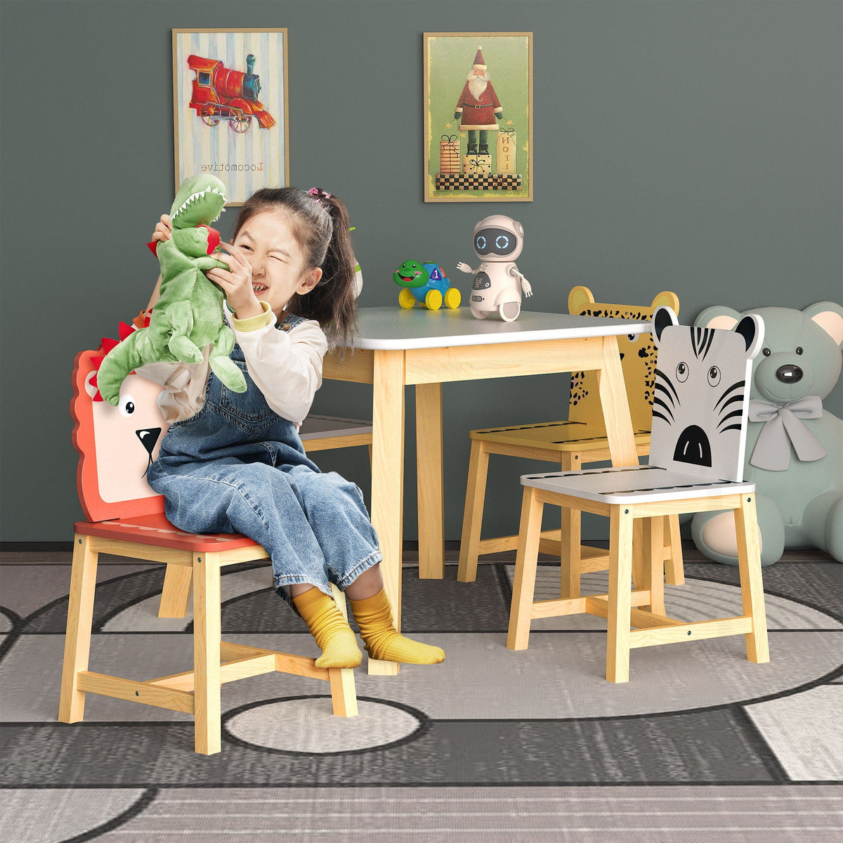 Kids Table and Chair Set with Cartoon Animals Design - White
