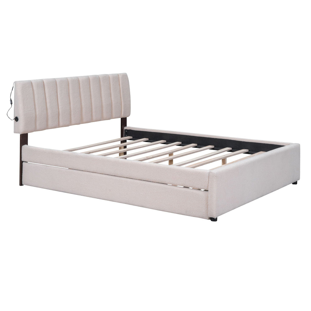 Upholstered Platform Bed With Trundle and LED Lights - Full or Queen