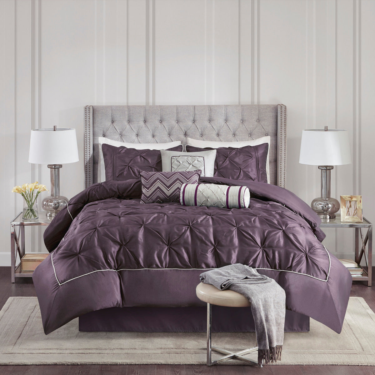 7 Piece Tufted Comforter Set with Elegant Detailing - Deep Plum