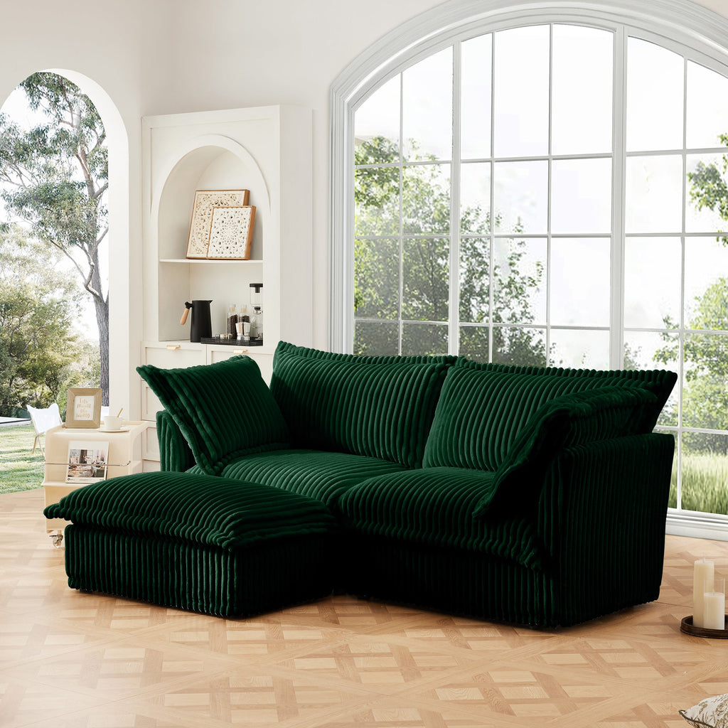 Slipcovered Sectional 2 Seater Sofa with Convertible Ottoman