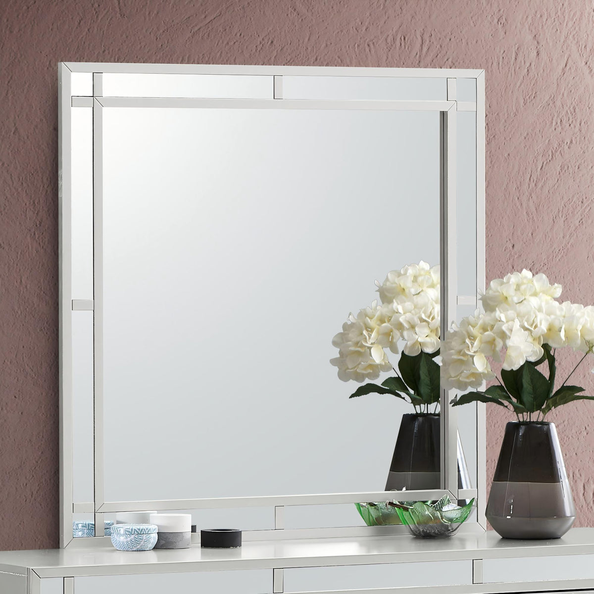 Silver Champagne Square Wall Mirror with Mirrored Accents – Madison