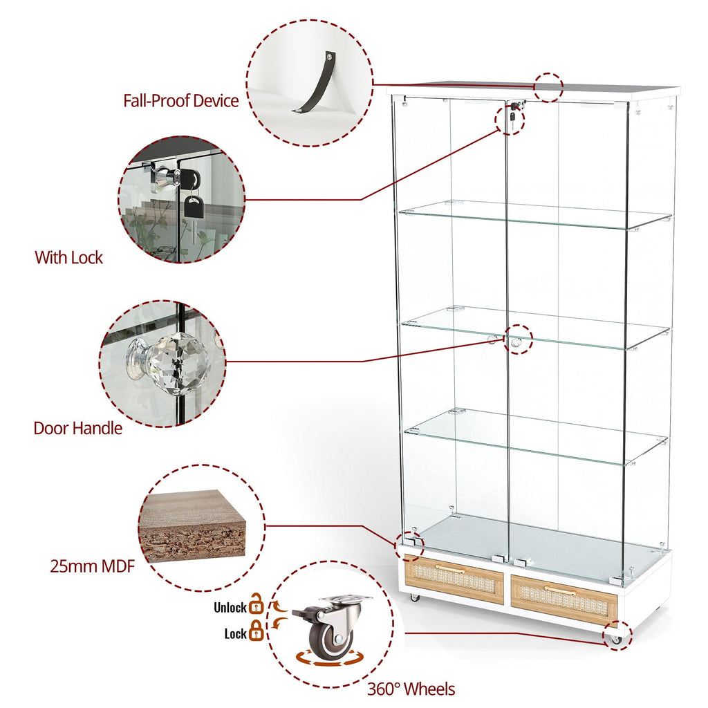 Glass Display Cabinet with LED Lights and Large Drawers - Natural / White
