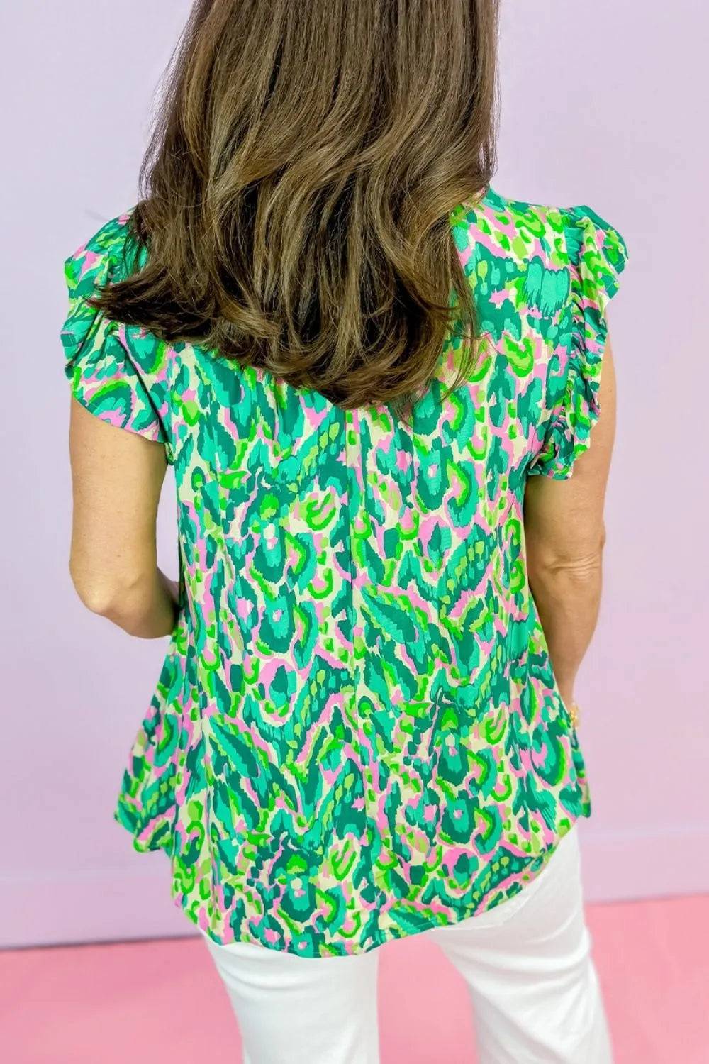 Abstract Print Ruffled Trim Tie Neck Top