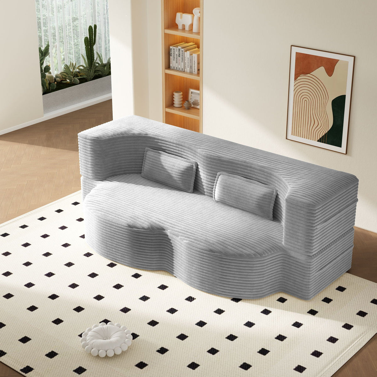 Convertible Floor Sofa with 2 Pillows - Twin Size Corduroy - White or Gray