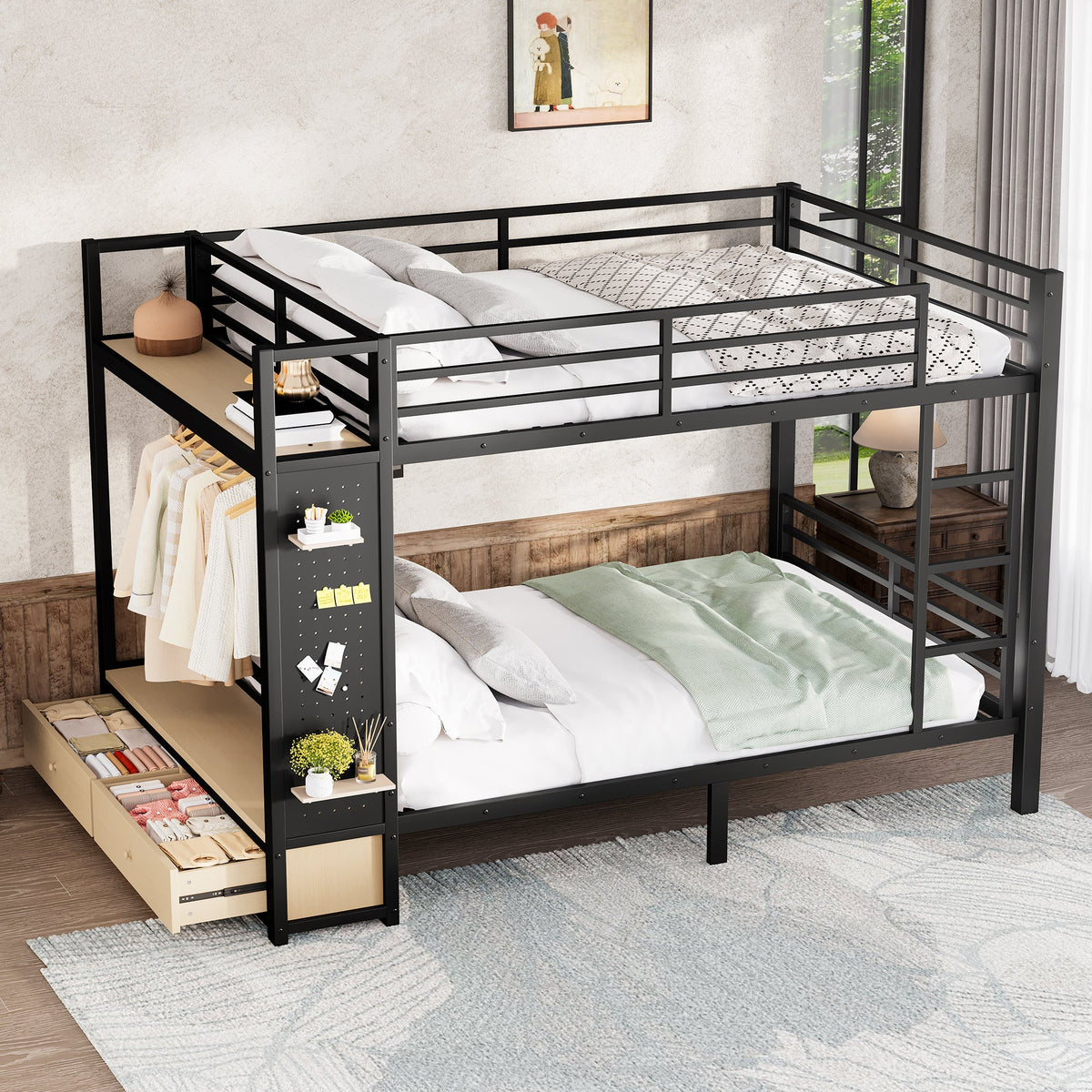 Queen Over Queen Metal Bunk Bed with Storage Shelves - Black