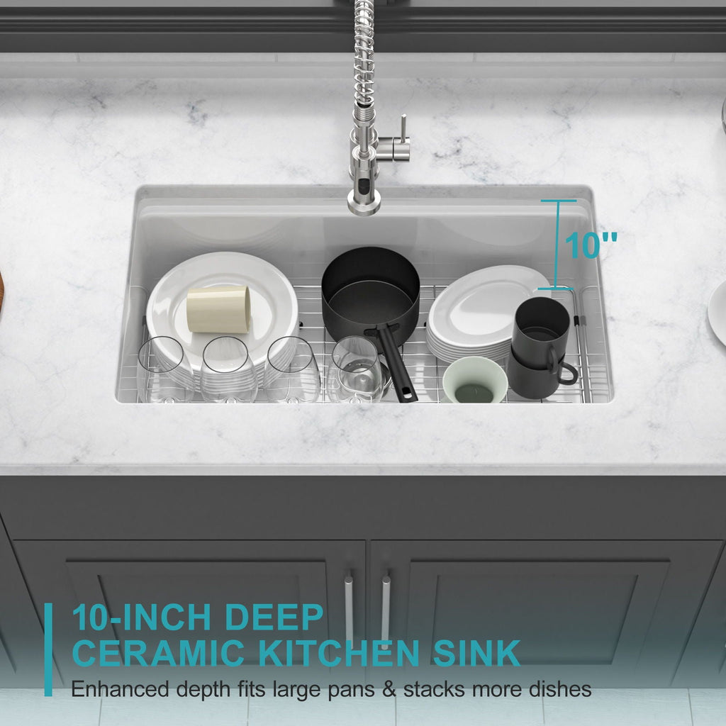 Porcelain Undermount Workstation Single Bowl Kitchen Sink – White