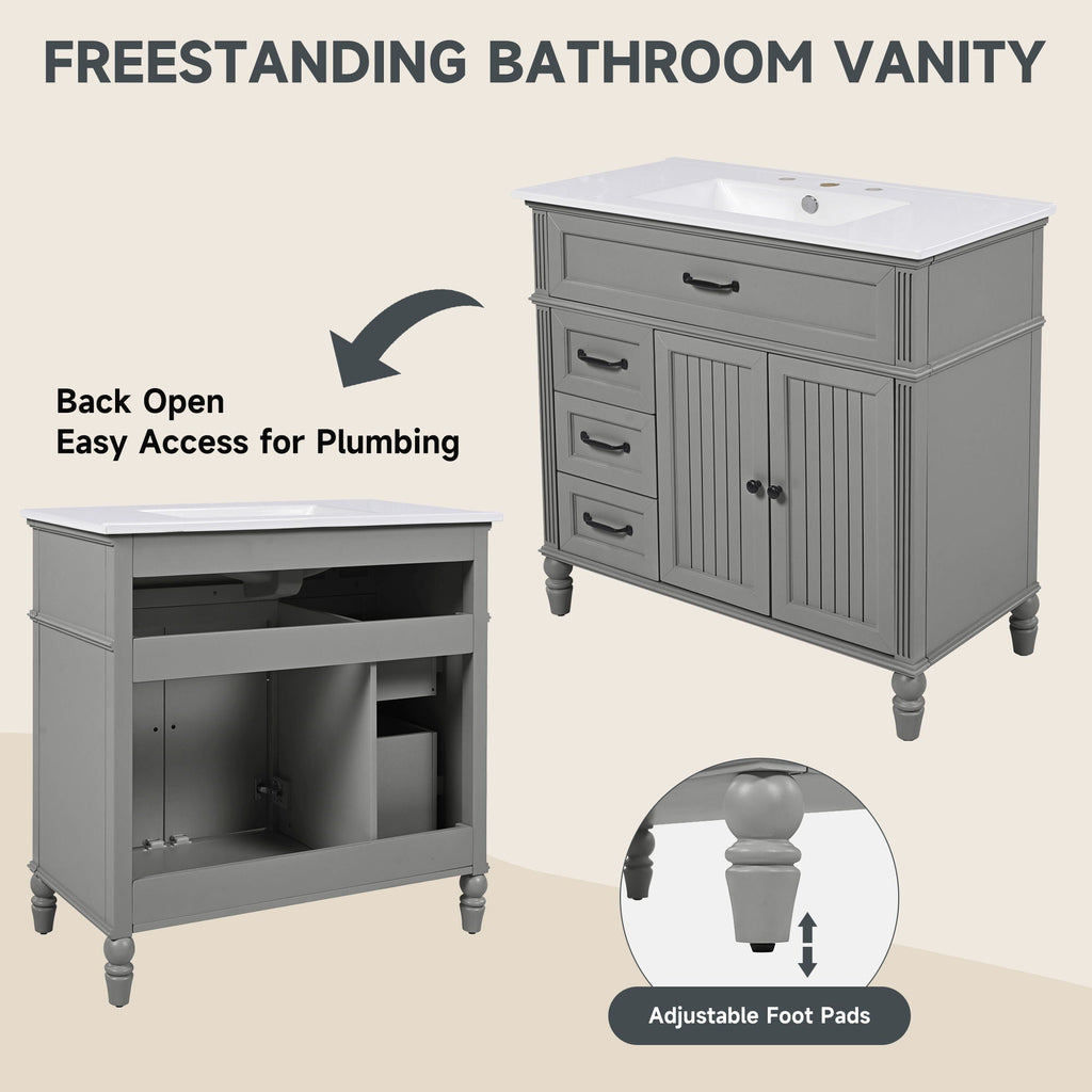 Bathroom Vanity With Sink and Drawers - Freestanding Solid Wood Cabinet