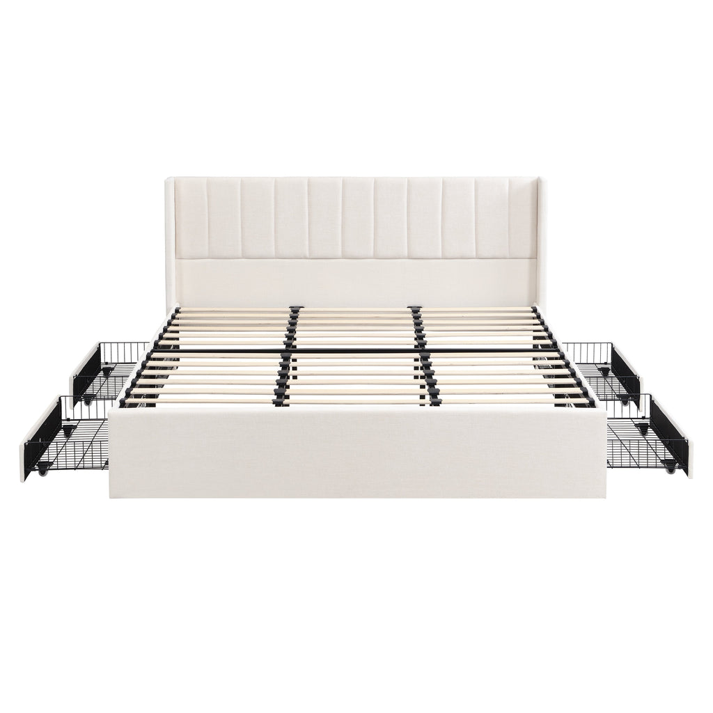 Large-Capacity Upholstered Storage Bed with Drawers - Light Beige