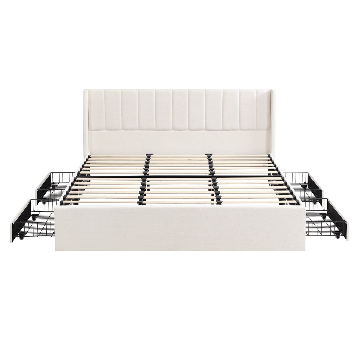 Large-Capacity Upholstered Storage Bed with Drawers - Light Beige