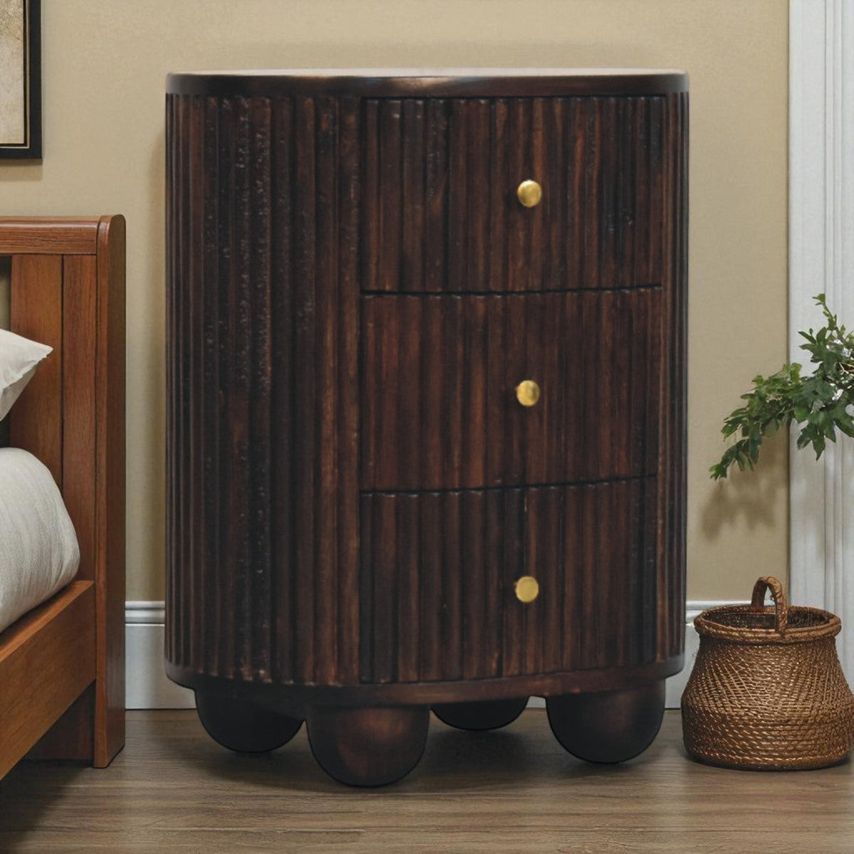 Solid Wood Curved Fluted 3-Drawer Drum Chest with Velvet Mocha Finish
