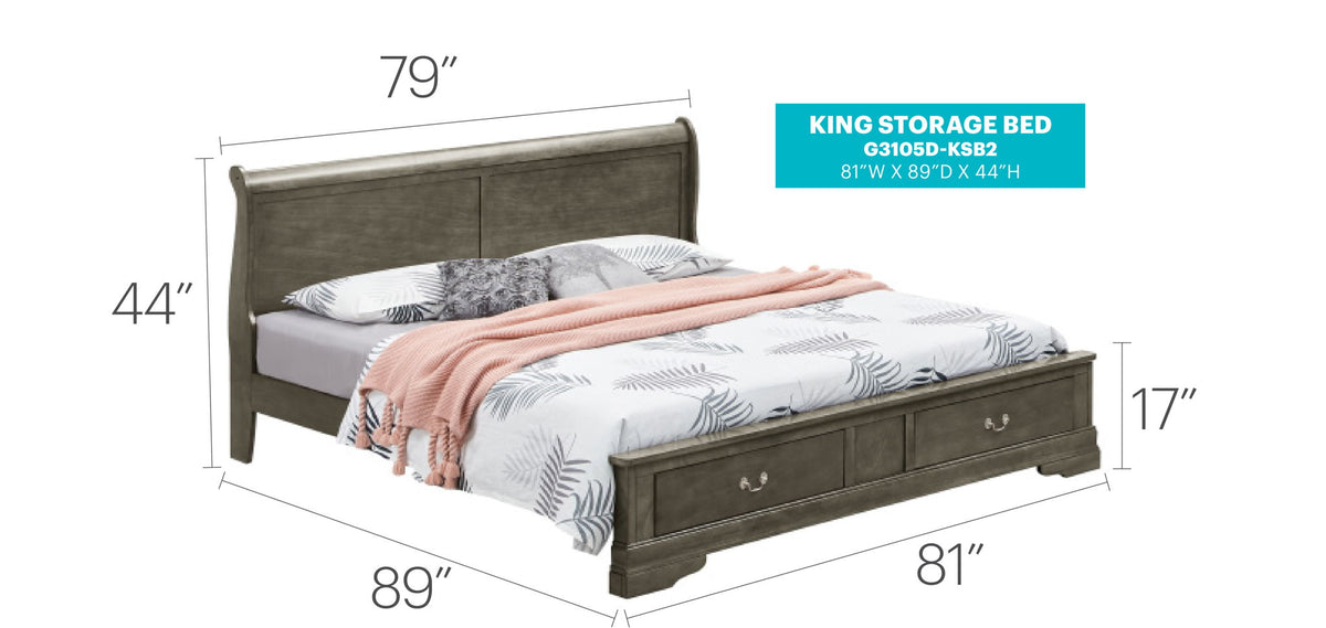 Upholstered Panel Sleigh Storage Bed with Dove Tail Drawers - Multiple Colors
