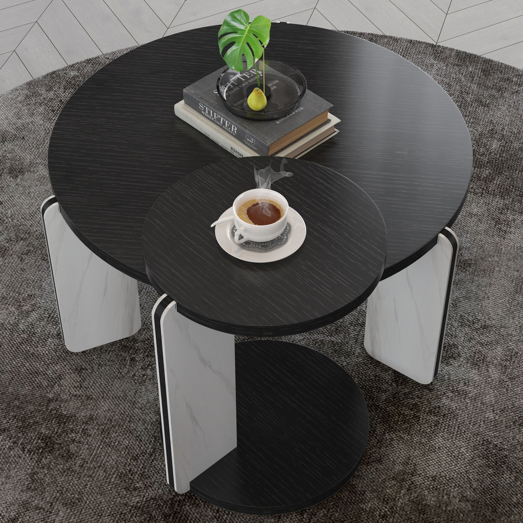 Round Coffee & End Table Set with Sintered Stone Legs - Black