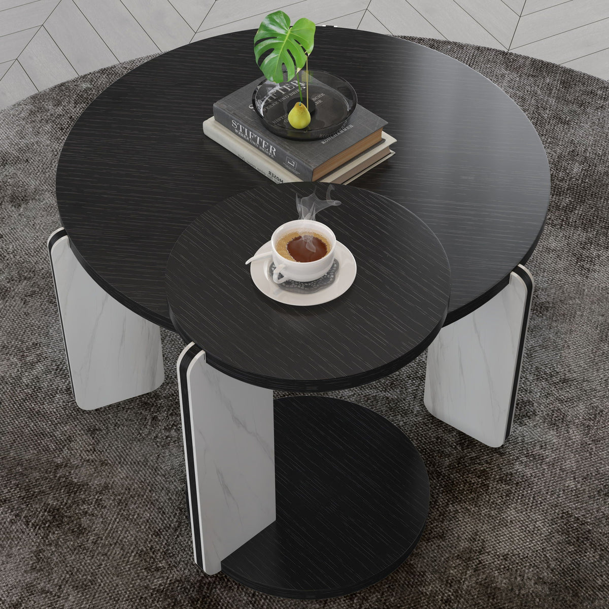 Round Coffee & End Table Set with Sintered Stone Legs - Black