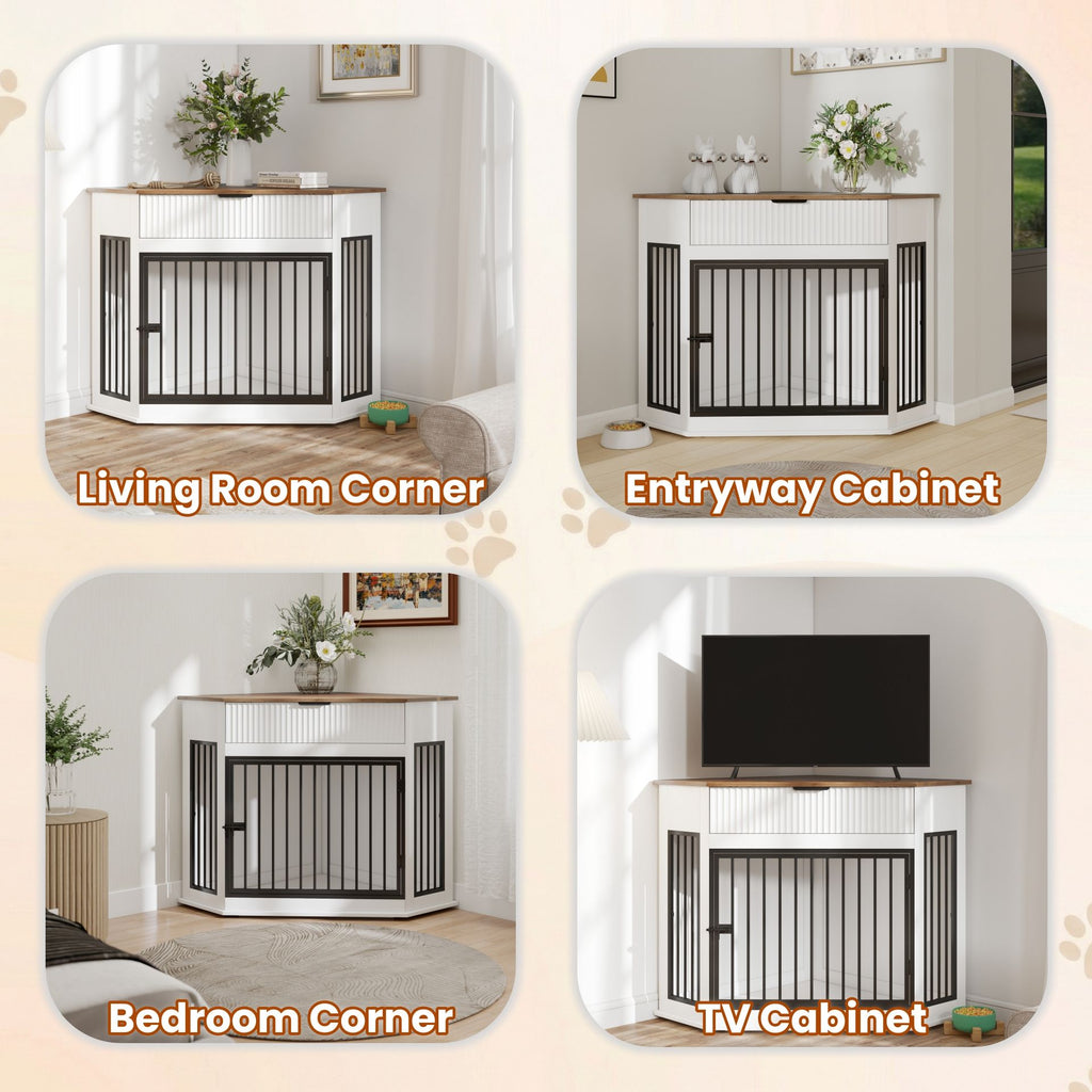 Corner Dog Crate with Fluted Drawer - White or Dark Brown