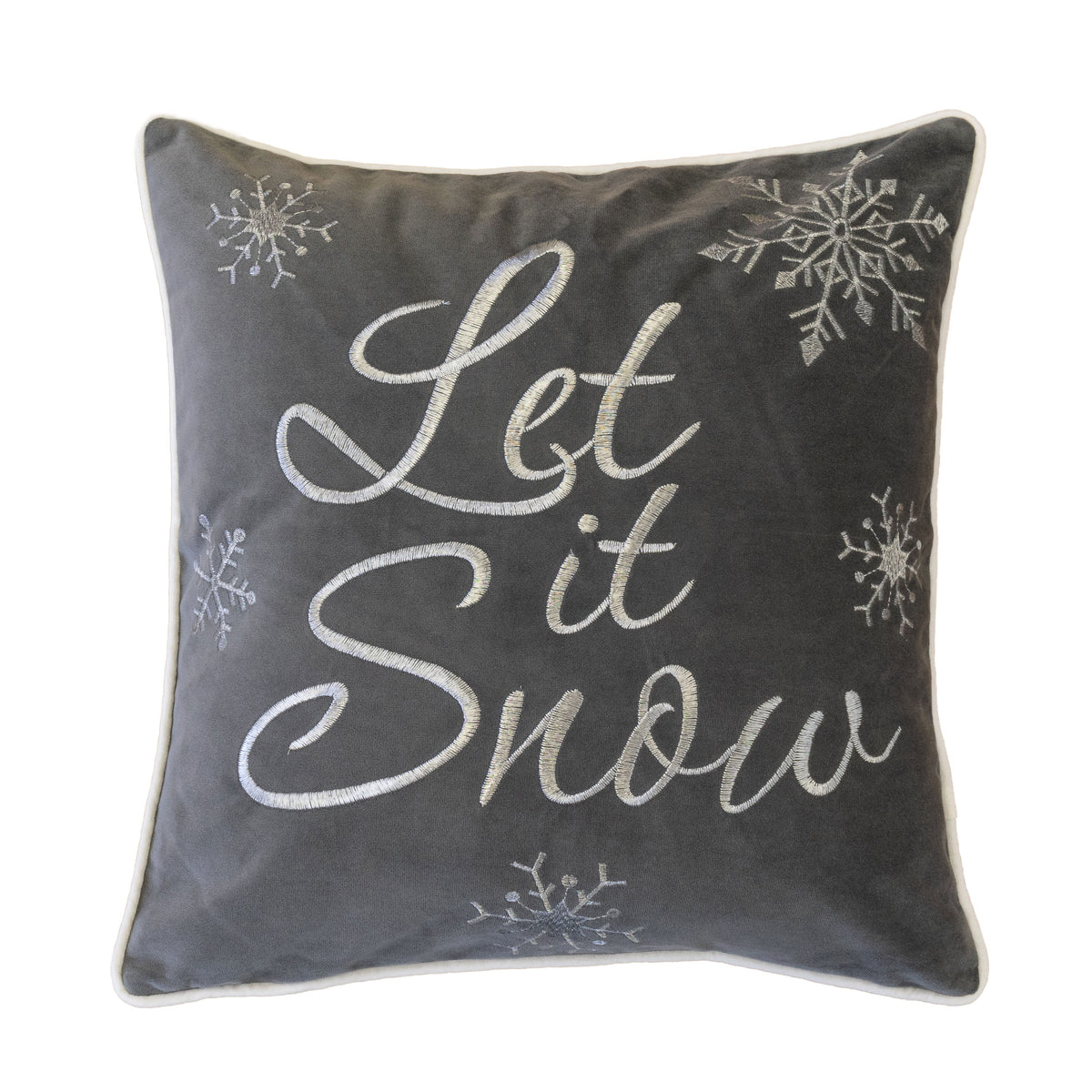 Let It Snow Embroidered Cotton Throw Pillow with Pillow Insert - Gray