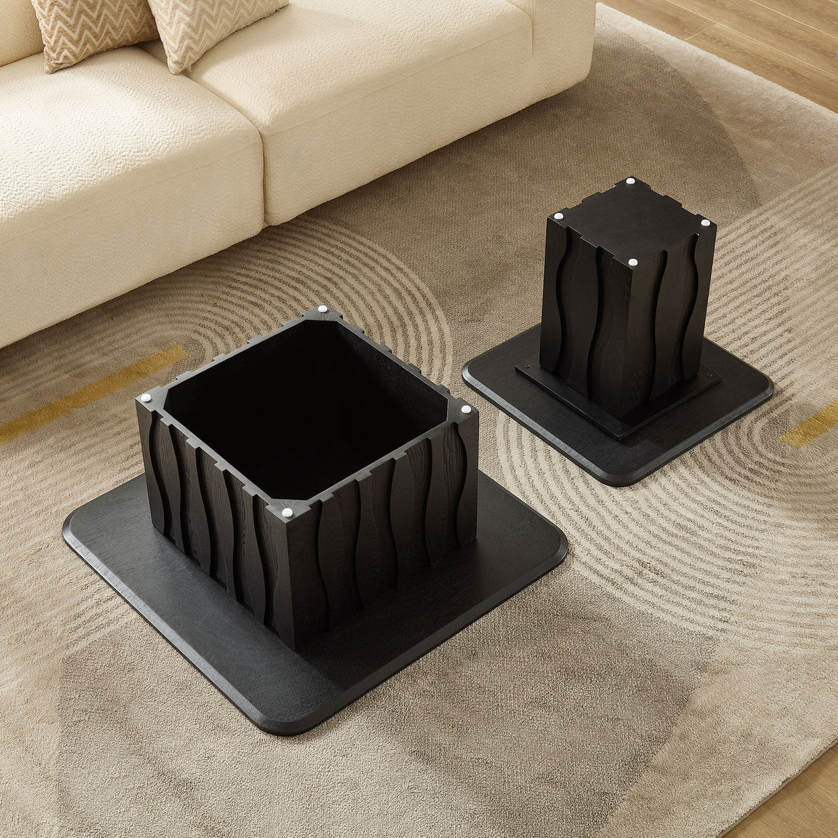 Nesting Square Coffee Table Set with Wavy Fluted Base - Wood Veneer