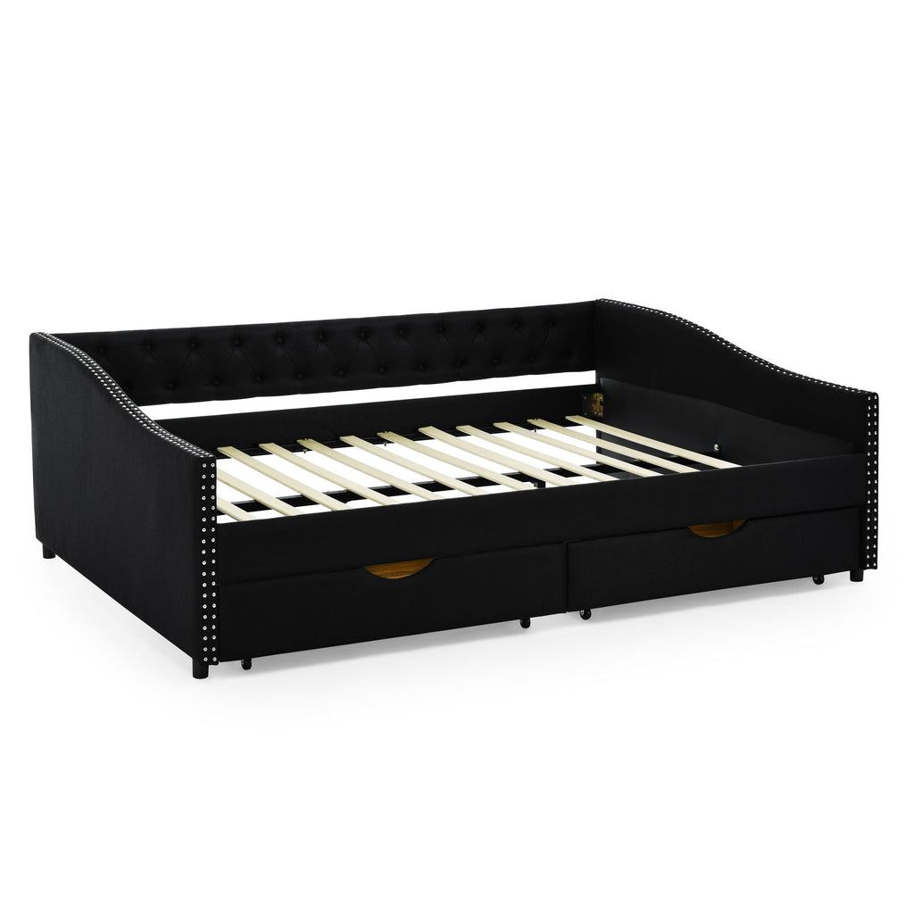 Upholstered Tufted Daybed with 2 Drawers and Waved Arms - Multiple Colors