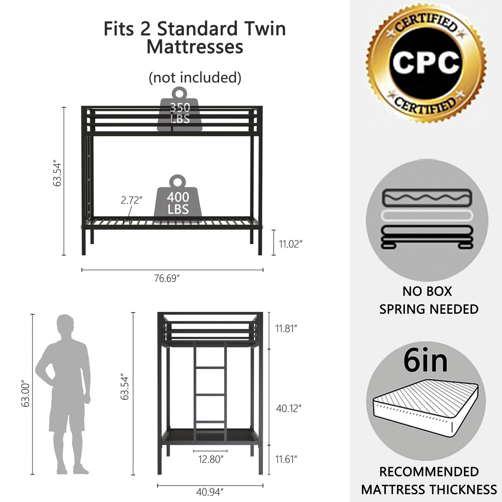 Twin Over Twin Bunk Bed with Safety Guardrails - Black