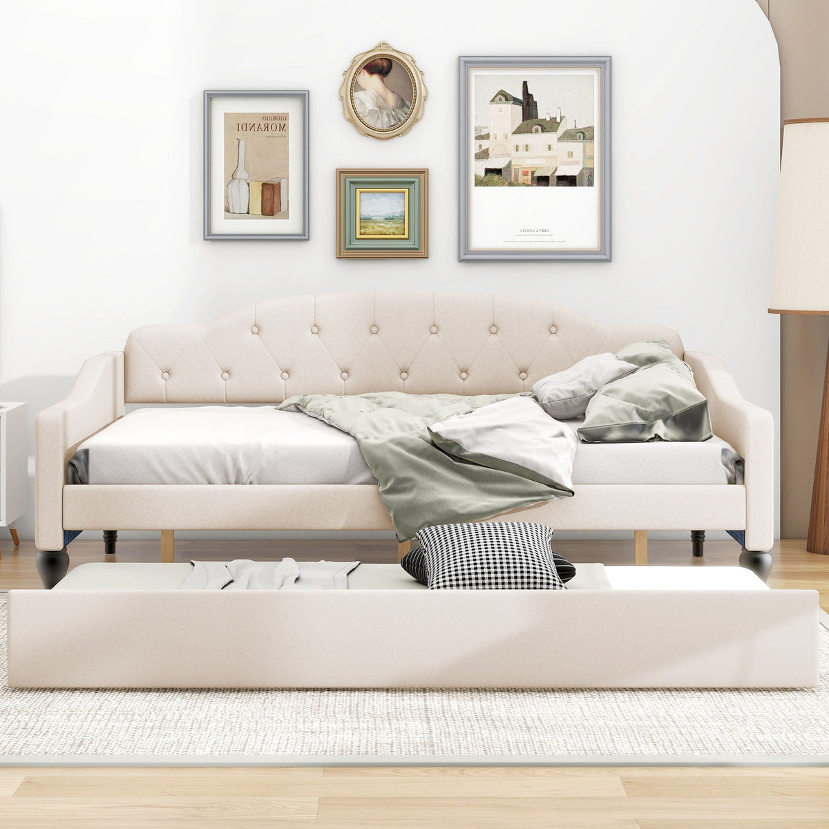 Upholstered Tufted Daybed with Storage Options - Beige