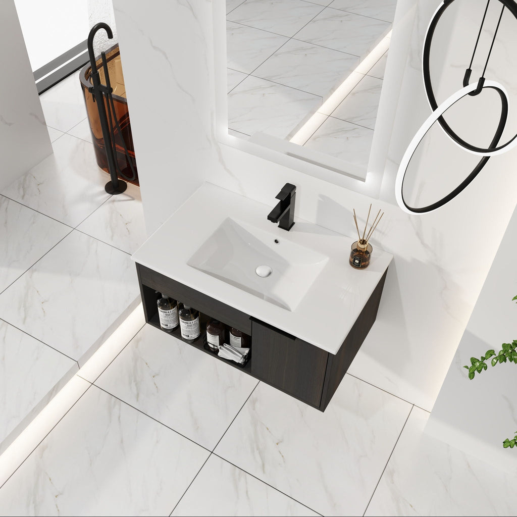 Wall Mounted Floating Bathroom Vanity with Open Shelf & Soft Close Door - Dark Brown