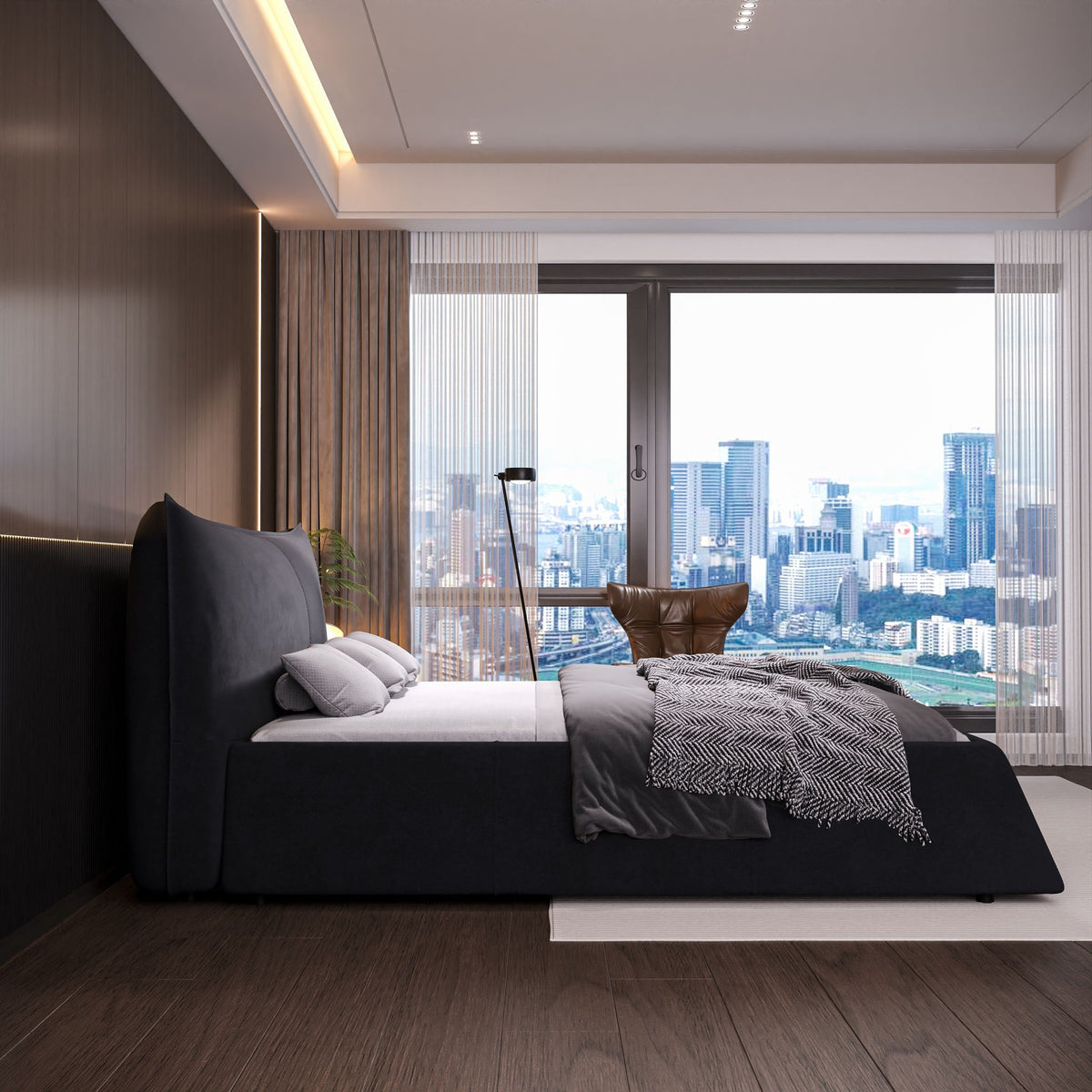 Upholstered Platform Bed with Special Shaped Headboard - Black or Beige