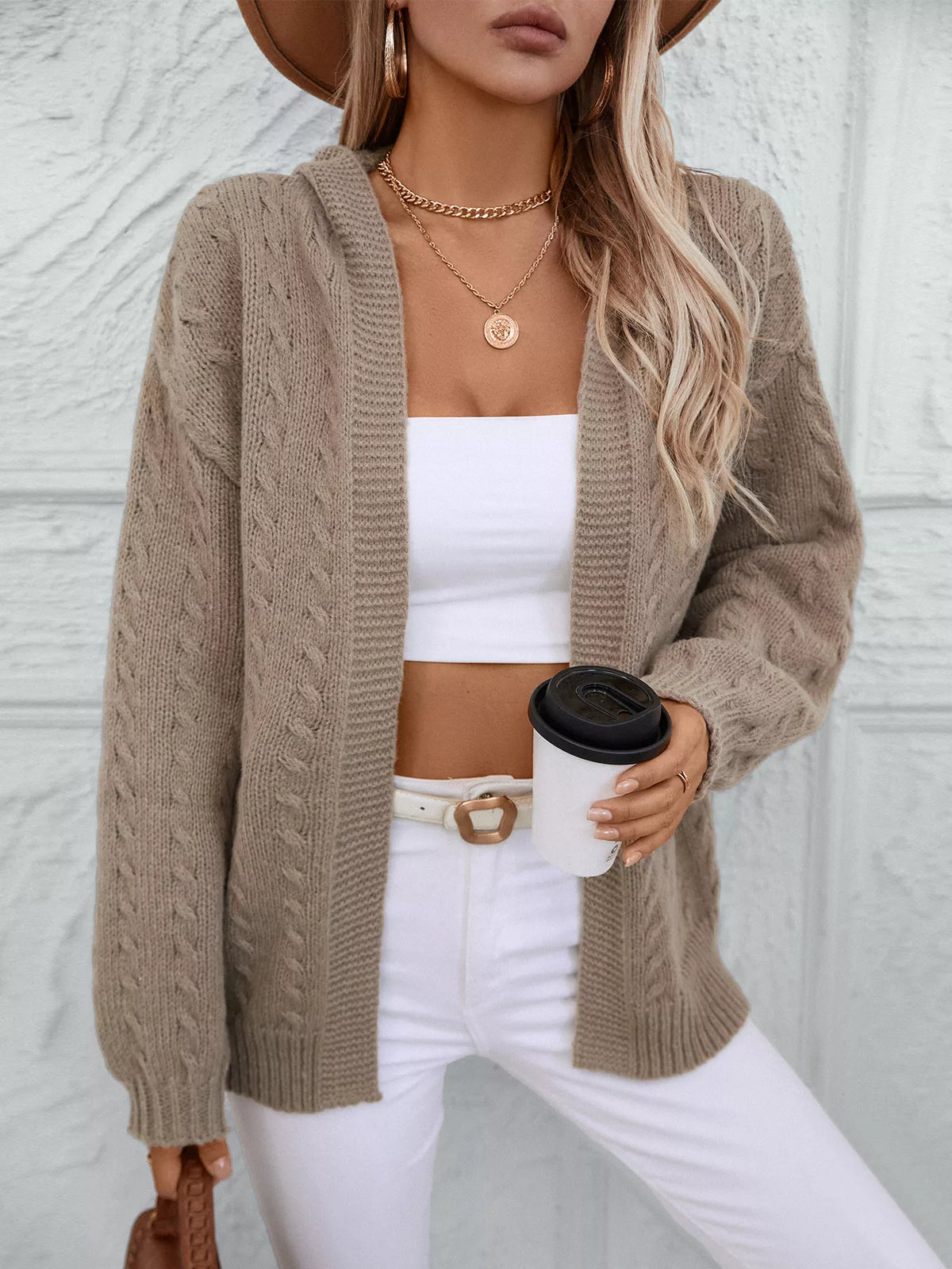 Cable Knit Open Front Hooded Cardigan