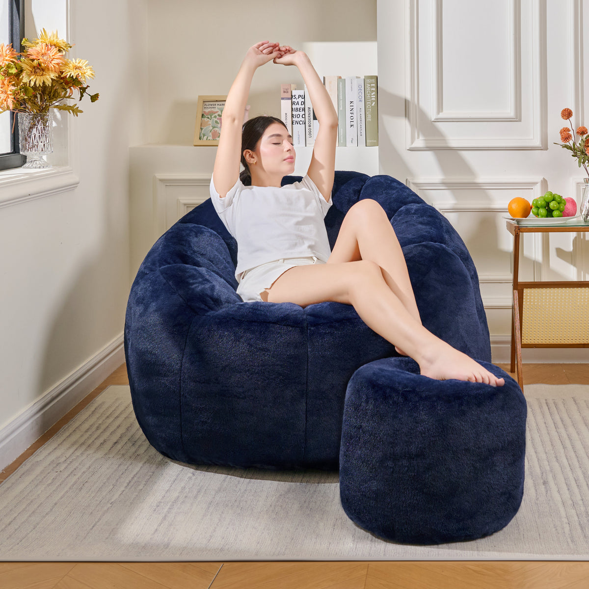 Giant Faux Fur Bean Bag Chair with High-Density Foam - White
