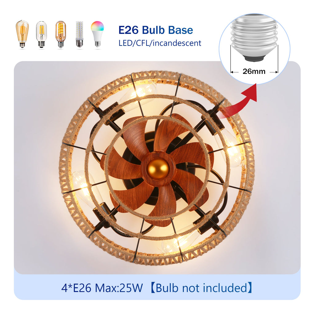 20" Rope Caged Flush Mount Ceiling Fan with Light Kit and Remote - Matte Black