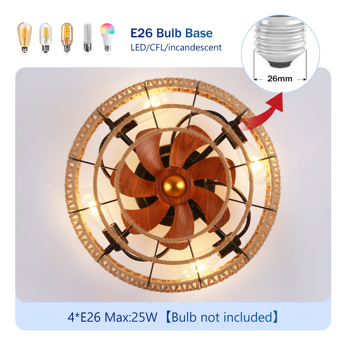 20" Rope Caged Flush Mount Ceiling Fan with Light Kit and Remote - Matte Black