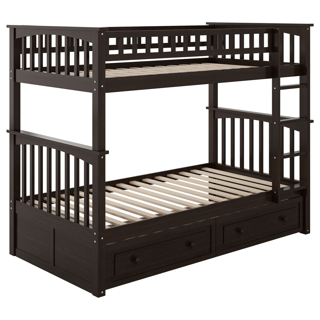 Convertible Bunk Bed With Drawers - Solid Wood with Storage - White, Dark Brown or Dark Gray