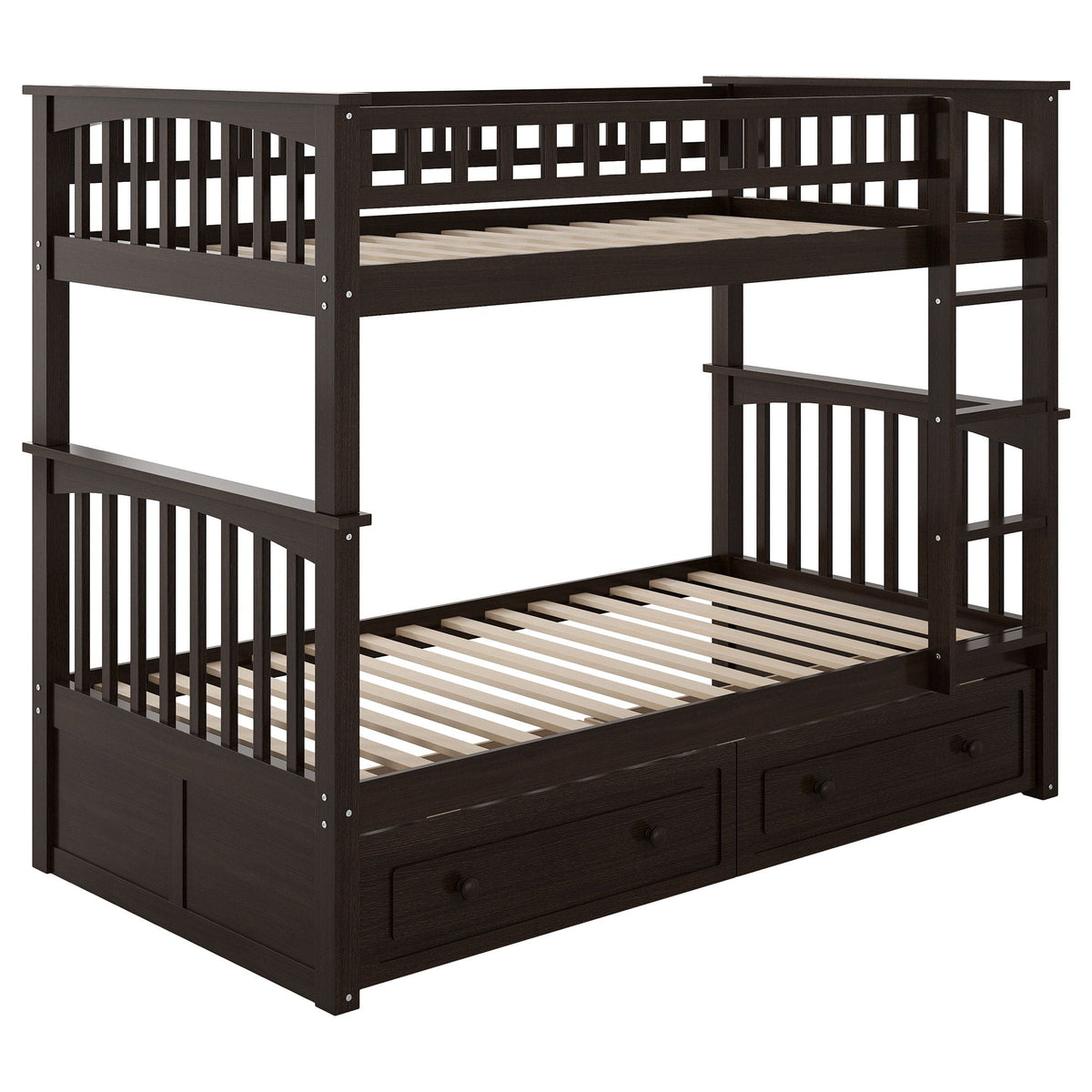 Convertible Bunk Bed With Drawers - Solid Wood with Storage - White, Dark Brown or Dark Gray