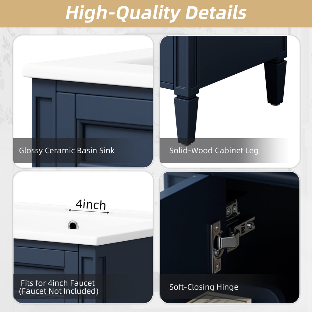 24" Bathroom Vanity with Ceramic Basin and Storage - Blue